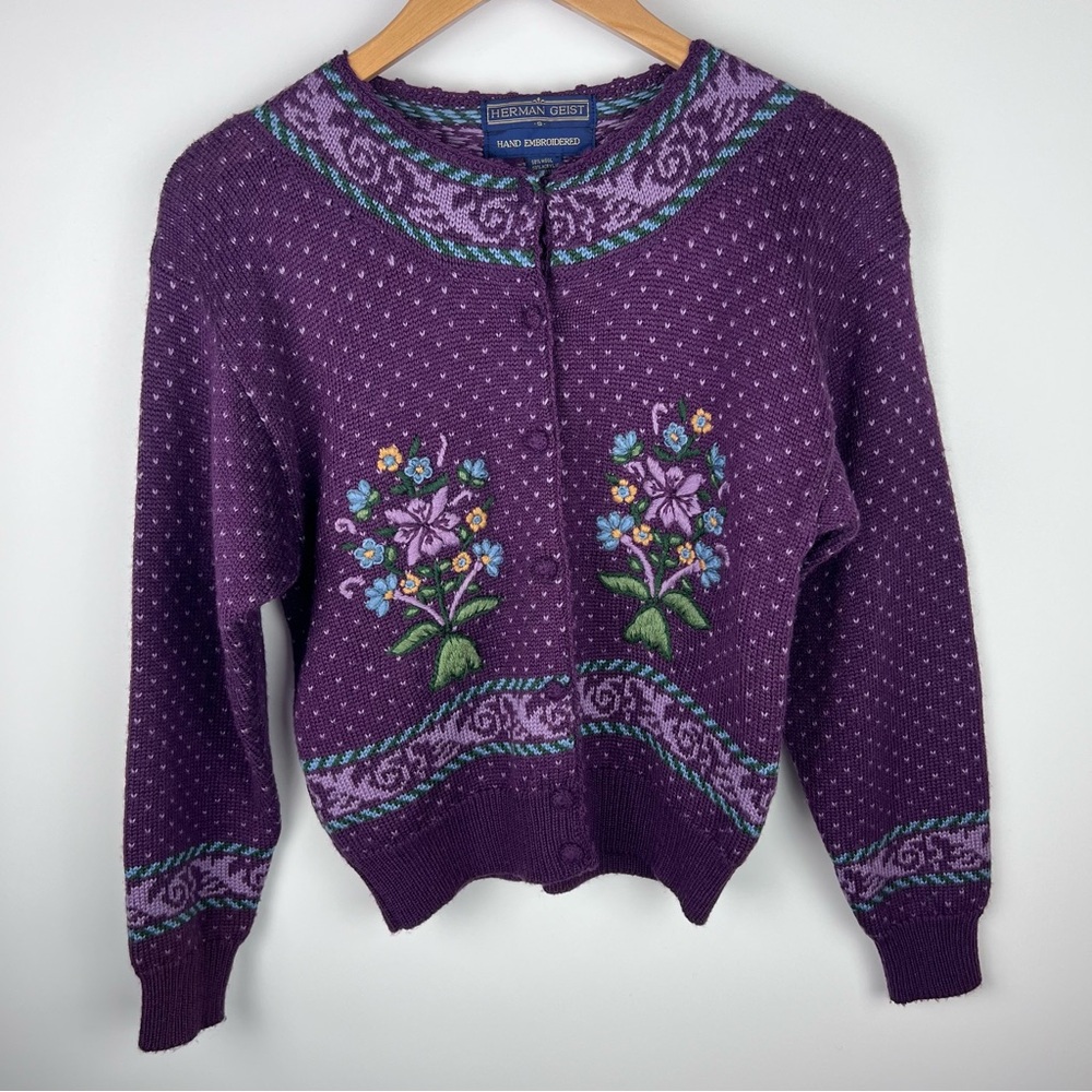 Herman Geist Vintage Hand Embroidered Purple Floral Wool Blend Cardigan Sweater - Picture 2 of 9